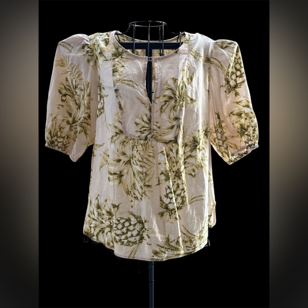 Panama Jack‎ Women's Top Short Sleeve Size L Linen Blend Blouse Floral EUC